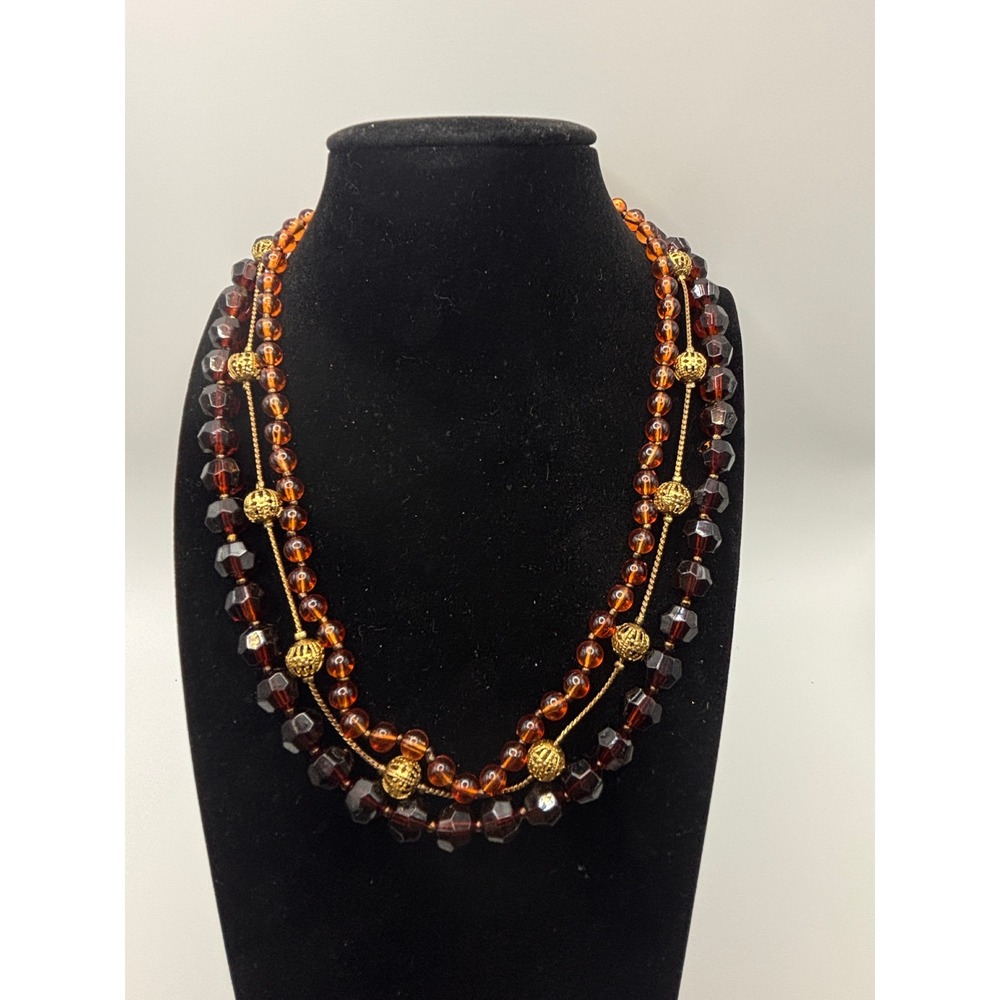 Sonoma Multi Strand Beaded Necklace Burgundy Amber Gold Tone Filigree 16‎ Inch